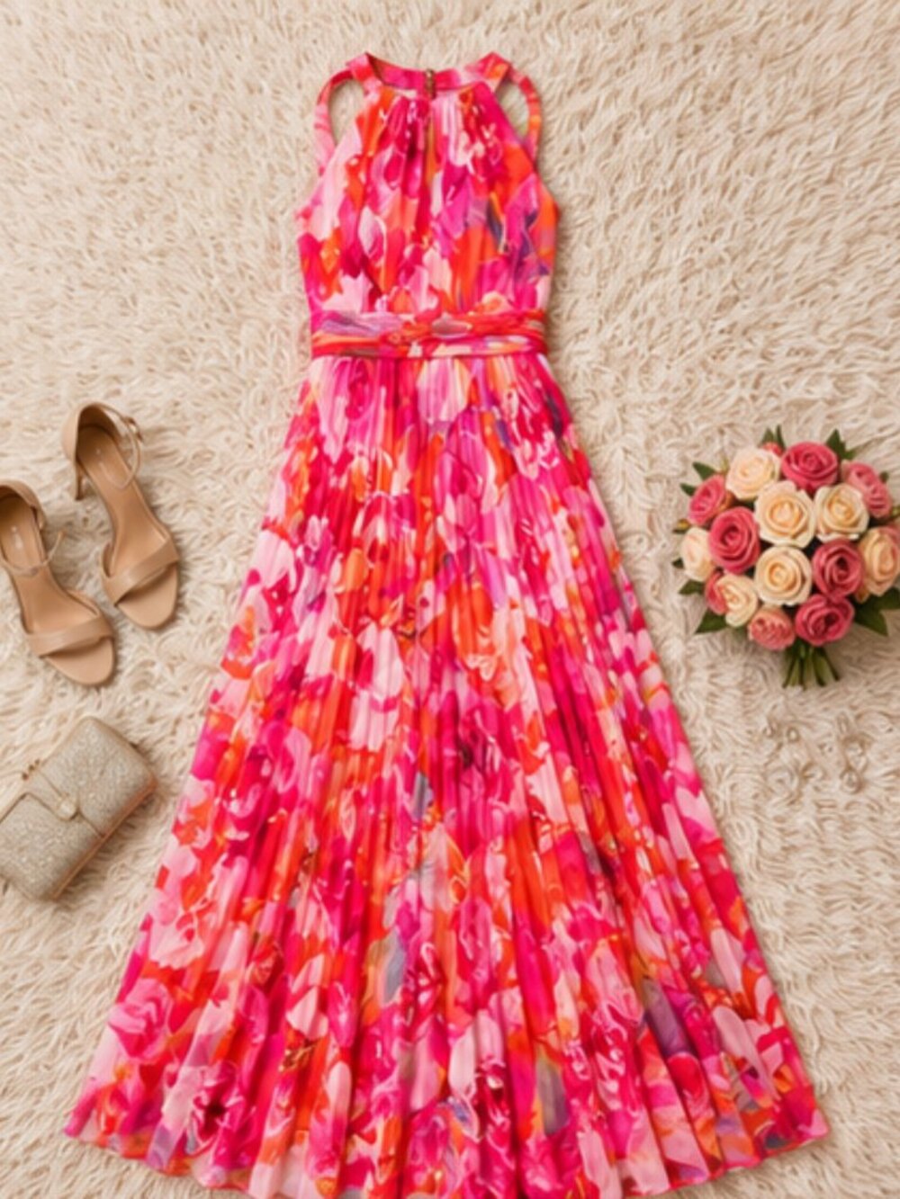 Xscape Printed Halter Neck Pleated Formal Summer Maxi Dress Red Pink Size 14 NWT